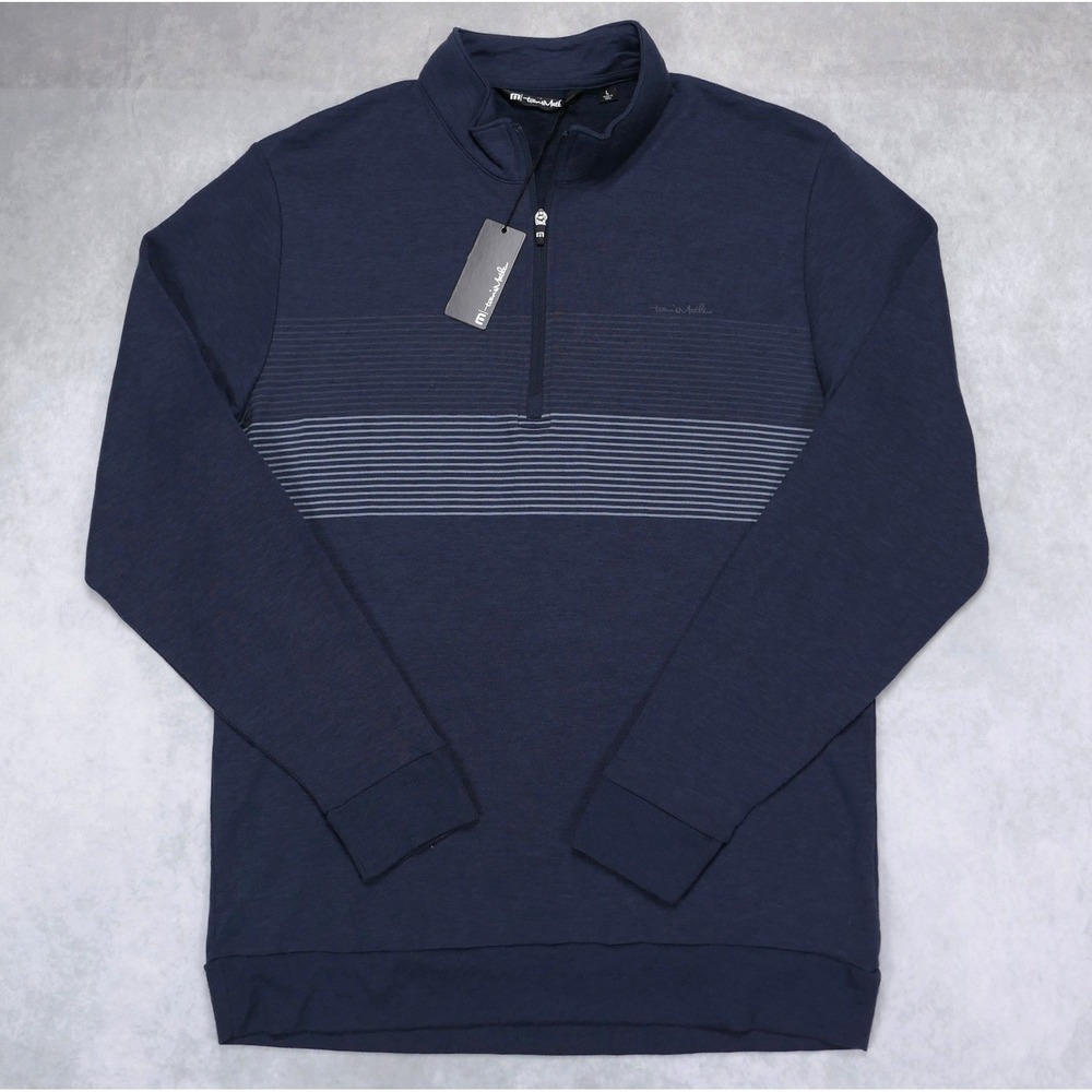 Travis Mathew Mens L Book Club 1/4 Zip Pullover Blue Striped Lightweight Sweater